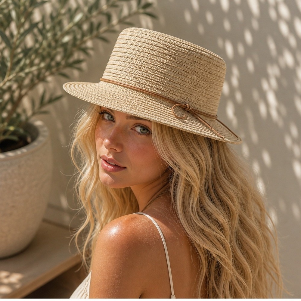 Lucky Brand Wide Brim Straw Sun Hat Tan Woven Paper Boater Beach Hat One Size